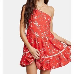 FREE PEOPLE All Mine Red Floral One Shoulder Ruffle Hem Mini Dress Size XS
